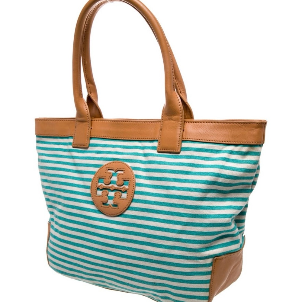 Tory Burch Aqua and Tan Striped Tote - Picture 3 of 6
